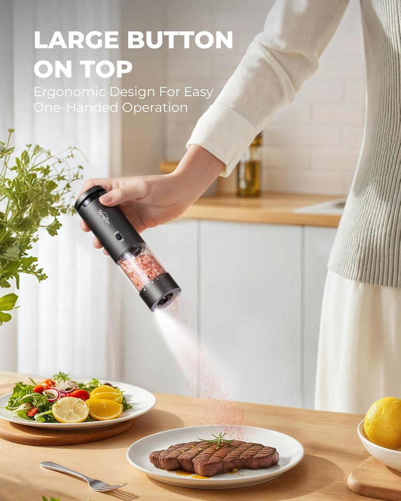 Sangcon 2-Speed Rechargeable Electric Salt and Pepper Grinder Set, 6 External Adjustable Coarseness Levels, Automatic Salt & Pepper Mill Shakers Set with Storage Base, One-Handed Operation, Silver