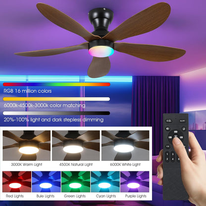 Modern Ceiling Fans with Lights Remote/APP Control, 29" Flush Mount Ceiling Fans with 3 CCT Dimmable Lights, Low Profile Ceiling Fans with 5 Propeller Blades LED Lights for Kids Room Bedroom, Brown - PuriLite