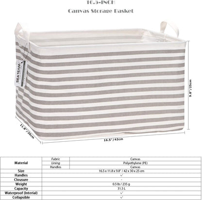 Sea Team 16.5 x 11.8 x 9.8 inches Square Canvas Fabric Storage Bins Shelves Storage Baskets Organizers for Nursery & Kid's Room, Grey Stripe