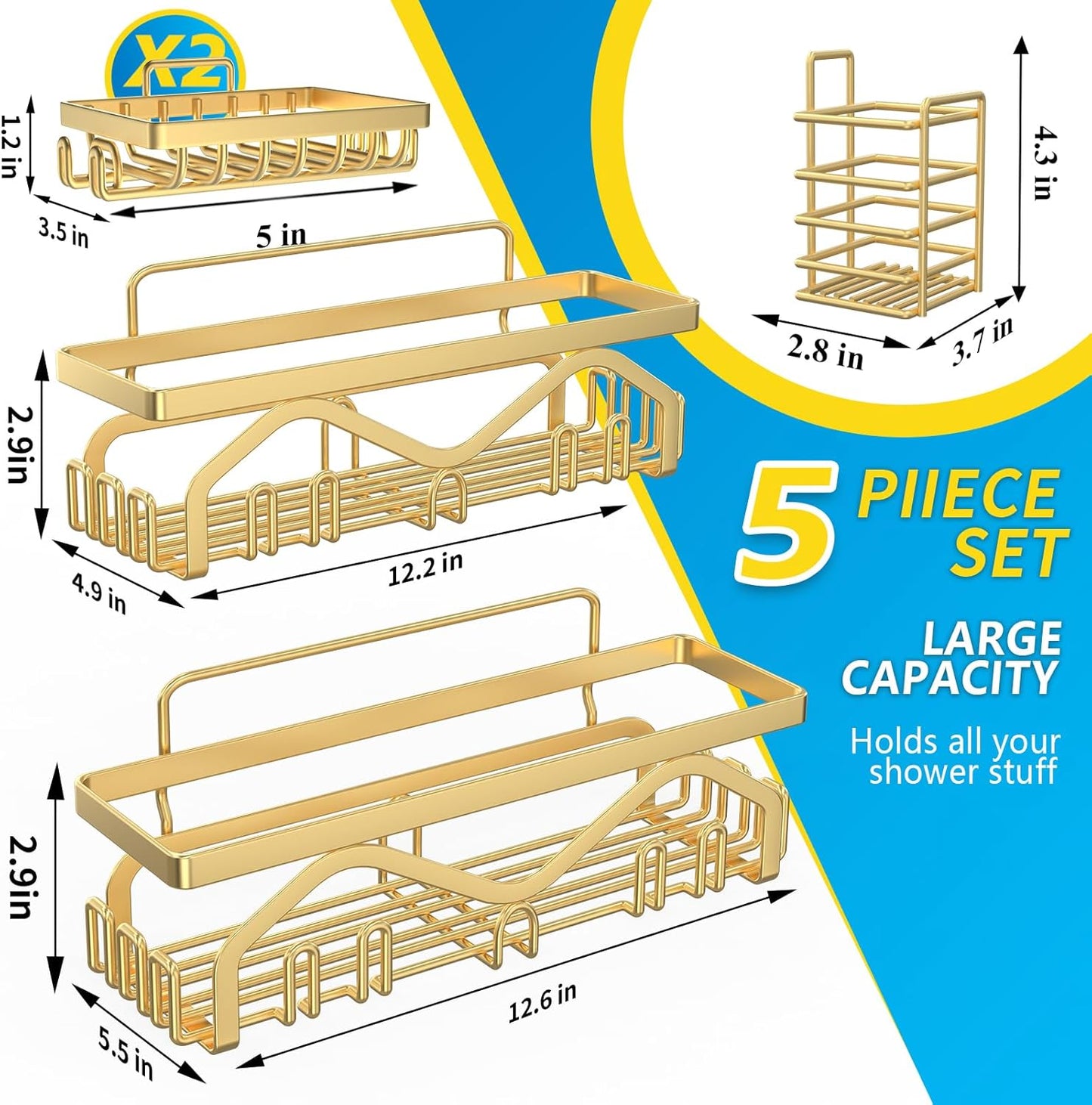 Coraje Adhesive Shower Caddy, 5-Pack Shower Shelves, Large Capacity Load Bearing 40 LBS Shower Organizer, No Drilling Shower Shelf, Rustproof Stainless Steel Bathroom Shower Storage, Black