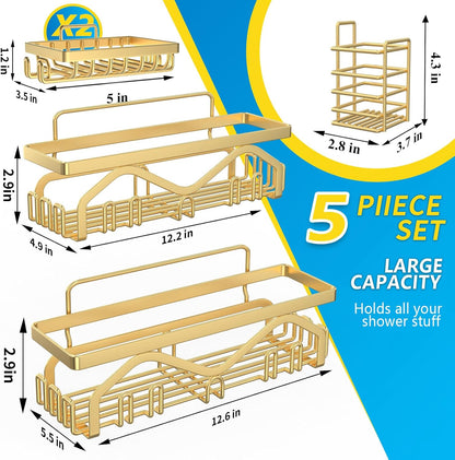 Coraje Adhesive Shower Caddy, 5-Pack Shower Shelves, Large Capacity Load Bearing 40 LBS Shower Organizer, No Drilling Shower Shelf, Rustproof Stainless Steel Bathroom Shower Storage, Black