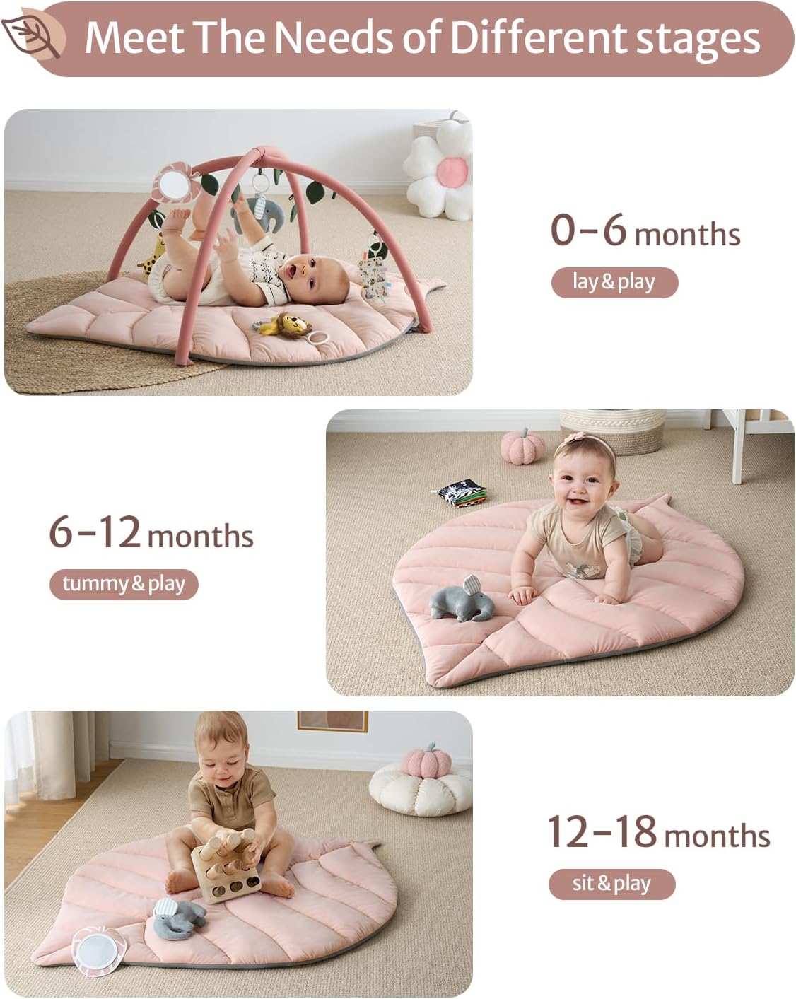 Blissful Diary Baby Play Gym & Activity Mat, Oversize Leaf Shaped Tummy Time Baby Play Mat w 6 Detachable Toys Promotes Motor Skills & Sensory Development, Newborn Infant Essentials Gift, Crystal Pink