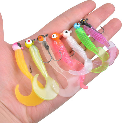 Soft Lures Fishing Jigs Kit, Worm Grub Fishing Lures Jig Head Hooks Kit Grubs Bait Jig Heads Soft Plastic Bait Crappie Jigs Tubes Baits Curved Tail Lure Fishing Lures Kit for Walleye Bass Trout