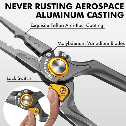 TRUSCEND Lockable Handy Fishing Pliers with Innovative Ergonomic Handle, Saltwater Corrosion Resistant Teflon Coated Fishing Tool, Multi-Function Fishing Gear with Mo-V Cutter, Amazing Fishing Gift