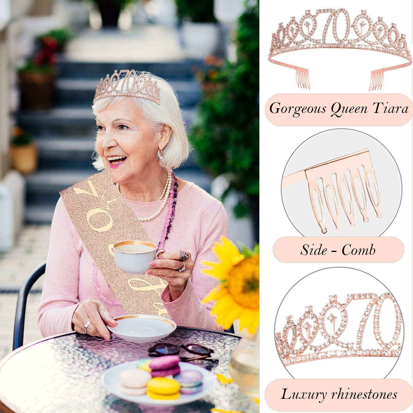8pcs 40th Birthday Decorations gifts for Women, Including 40th Happy Birthday Cake Topper, Queen Sash with Pearl Pin, Sweet Rhinestone Tiara Crown for Women, Number Candles and Balloons (Rose Gold)