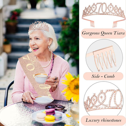 8pcs 40th Birthday Decorations gifts for Women, Including 40th Happy Birthday Cake Topper, Queen Sash with Pearl Pin, Sweet Rhinestone Tiara Crown for Women, Number Candles and Balloons (Rose Gold)