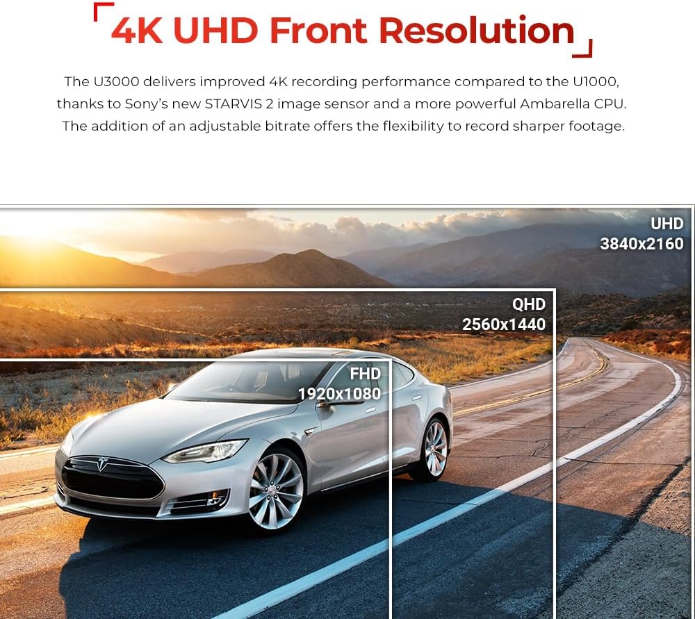 THINKWARE U3000 2CH 4K Front Dash Cam, 2K Rear Cam, STARVIS 2 Sensor Super Night Vision, Car Camera 5GHZ Wi-Fi GPS Radar Buffered Parking Mode CPL Filter Red Light Speed Camera Alerts OBD Cable