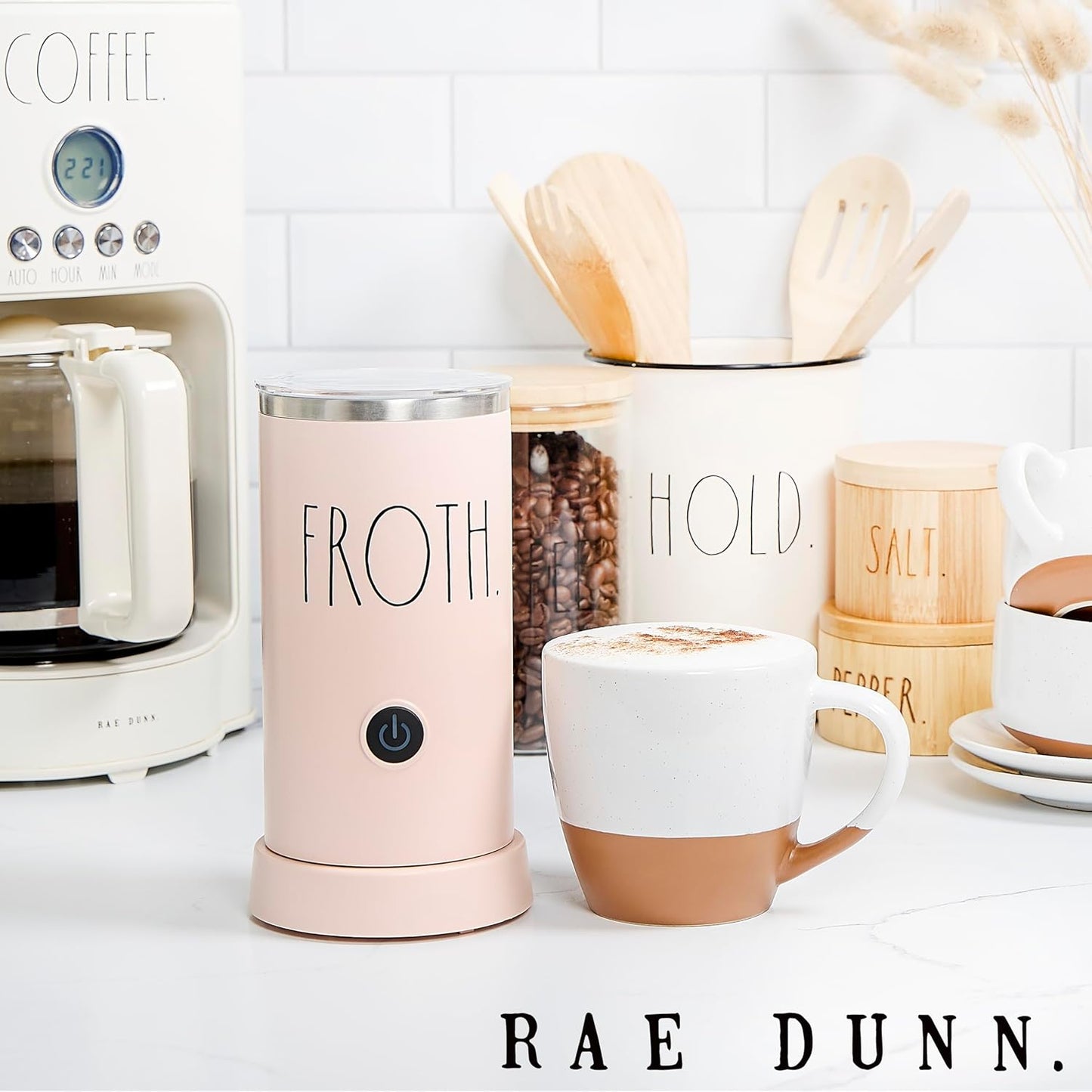Rae Dunn - Electric Milk Frother - Elegant Automatic Milk Steamer and Frother, Milk Warmer, Hot and Cold Frothing Machine for Coffee, Latte, Cappuccino, Macchiato,