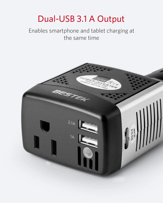 BESTEK 150W Car Power Inverter DC 12V to AC 110V with 2 USB Ports (3.1A Shared) - PuriLite