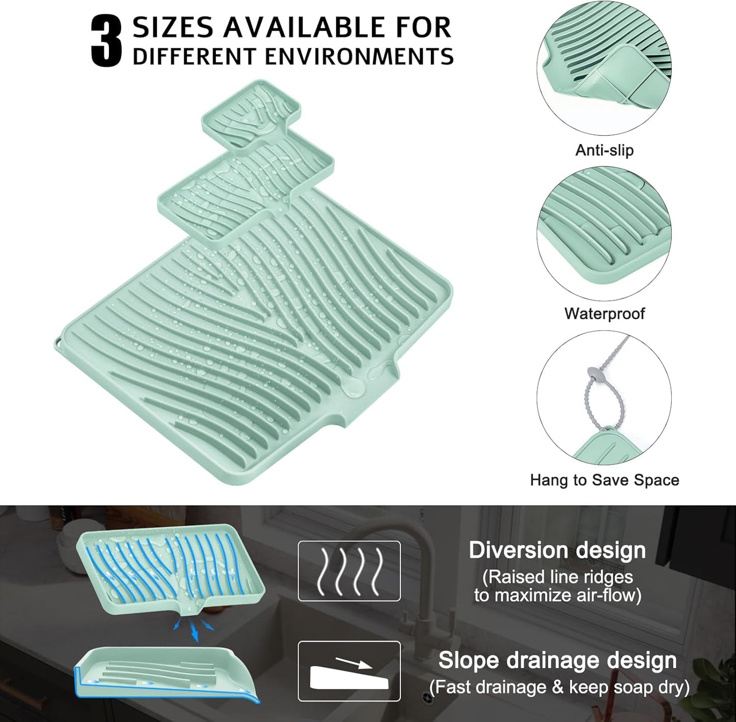 TIKNIK Silicone Dish Drying Mat for Kitchen Counter, Dish Drying Pad, Non-Slip Drain Pad with Built-in Drain, Heat Resistant Stone Drying Mat(40 L x 33 W cm, Grey)