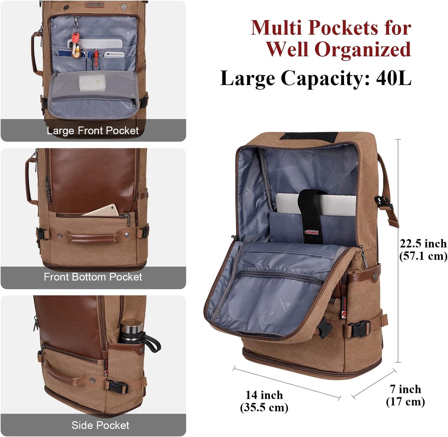 WITZMAN Travel Backpack for Men Women Carry on Luggage Backpack Canvas Rucksack Duffel bag with Shoe Compartment