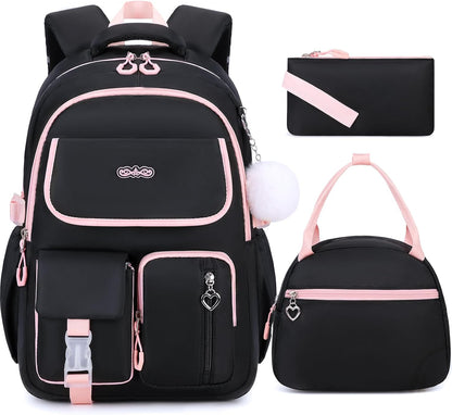3PCS School Backpack for Girls with Lunch Box Pencil Pouch for Teen Girls Children Elementary Primary Middle High College Daypack School bag Bookbag Set Pink
