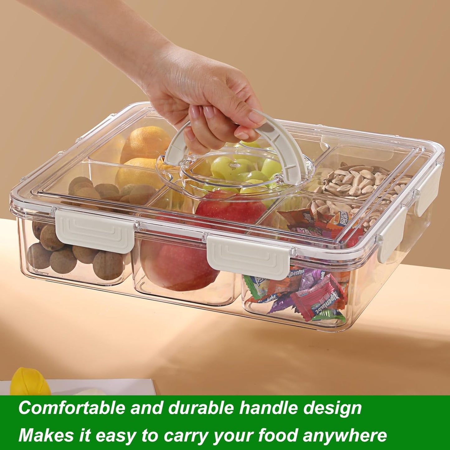 Taiuloo Divided Serving Tray with Lid & Handle, Airtight 6 Compartment Snackle Box Charcuterie Container, Fridge Organizer Bins, Food Storage Container Veggie Tray for Snack, Fruit, Salad, Nut