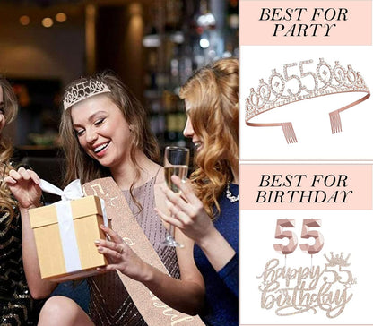 8pcs 40th Birthday Decorations gifts for Women, Including 40th Happy Birthday Cake Topper, Queen Sash with Pearl Pin, Sweet Rhinestone Tiara Crown for Women, Number Candles and Balloons (Rose Gold)