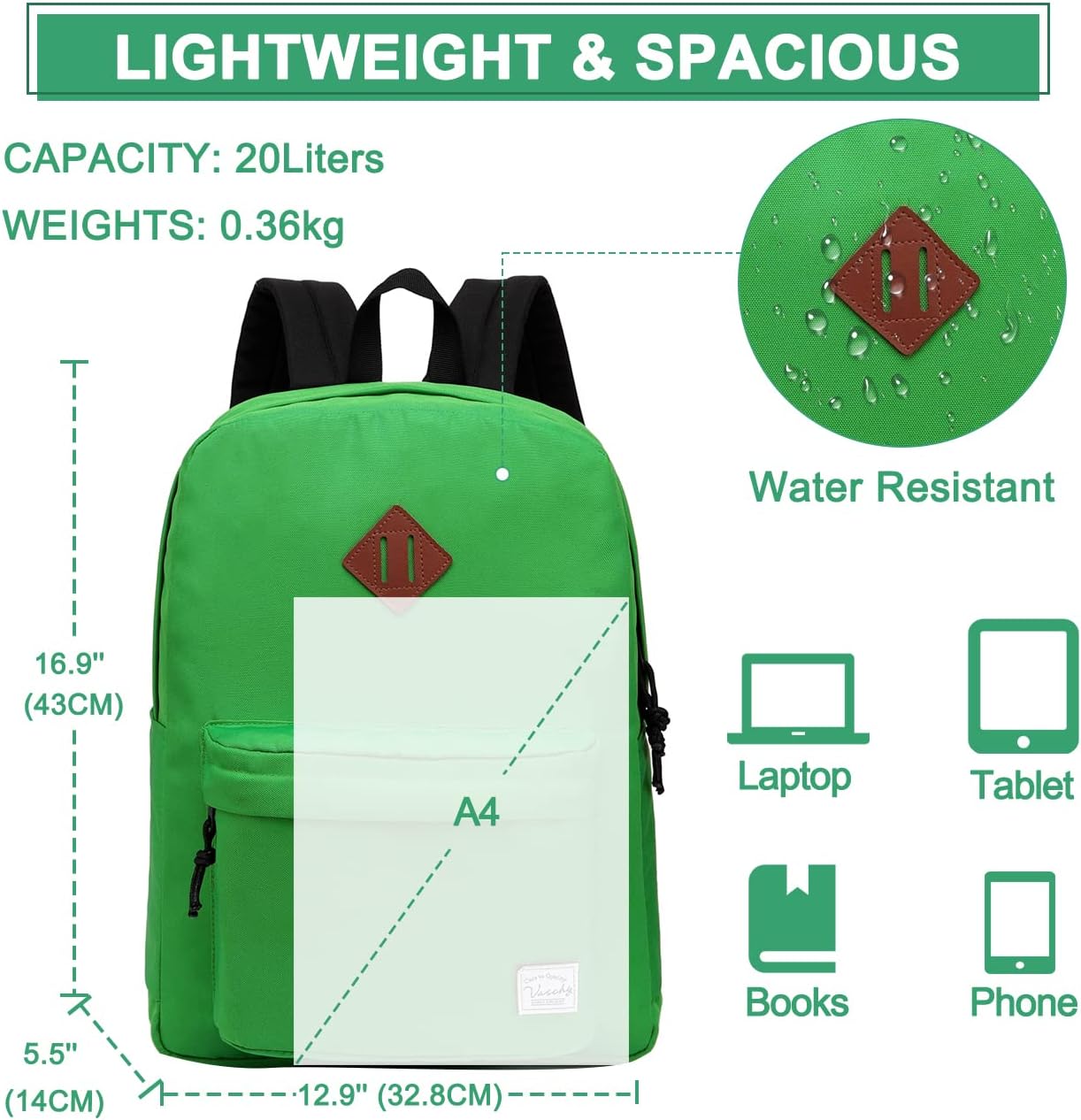 School Backpack for Kids, VASCHY Lightweight Water Resistant Casual Schoolbag Daypack for Men Women Teen Boys Girl Bookbag