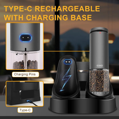 EIHO Electric Salt and Pepper Grinder Set USB Rechargeable, Upgraded External Adjustable Coarseness, Aluminum Alloy Automatic Salt and Pepper Shakers Mills with LED Light, House Warming Cooking Gifts