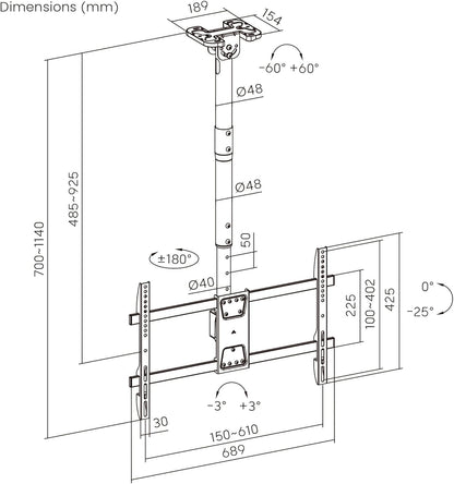 PrimeCables Ceiling TV Mount, Full Motion Hanging TV Mount Bracket for Most 43-86 Inch LED, LCD, OLED Curved/Flat Screen TVs up to VESA 600x400mm and 132 Lbs