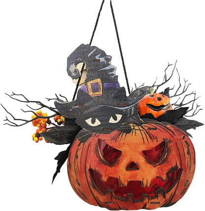 Halloween Pumpkin Lights Lantern with Black Maple Leaves Berries Hanging Decoration with Led Lights Battery Operated Halloween Decor for Home Outdoor Front Door Party