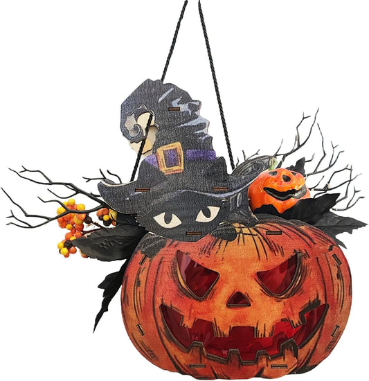 Halloween Pumpkin Lights Lantern with Black Maple Leaves Berries Hanging Decoration with Led Lights Battery Operated Halloween Decor for Home Outdoor Front Door Party
