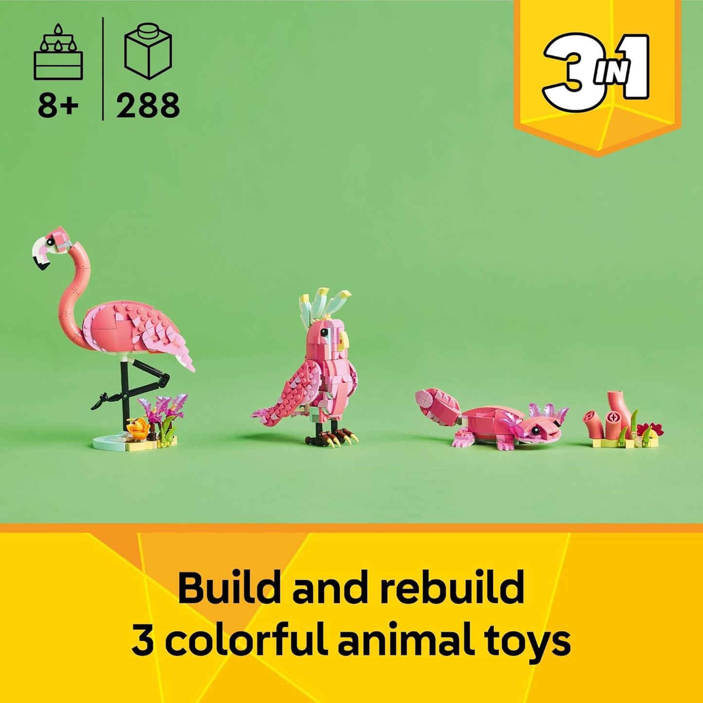 LEGO Creator 3 in 1 Wild Animals: Pink Flamingo Animal Building Toy - Building Toy with 3 Building Options, Pink Flamingo, Cockatoo, or Axolotl - Learning Toy for Kids, Ages 8+- 31170