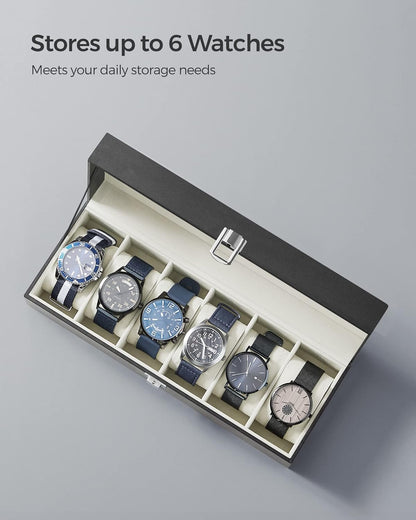 SONGMICS Watch Box, 6-Slot Watch Case, Watch Box Organizer, Black Synthetic Leather, Greenish Gray Lining UJWB06BK