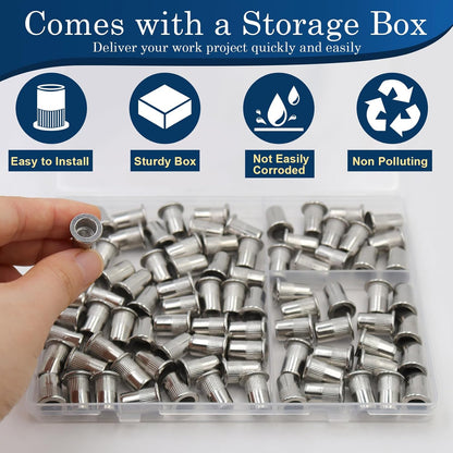 Vifmy Metric & SAE Rivet Nut Assortment Kit(420 Pcs),m3 m4 m5 m6 m8 m10 m12#6-32#8-32#10-24 1/4"-20 5/16"-18 3/8"-16 UNC Flat Head Rivnut Set,Zinc Plated Finish Carbon Steel Nutsert