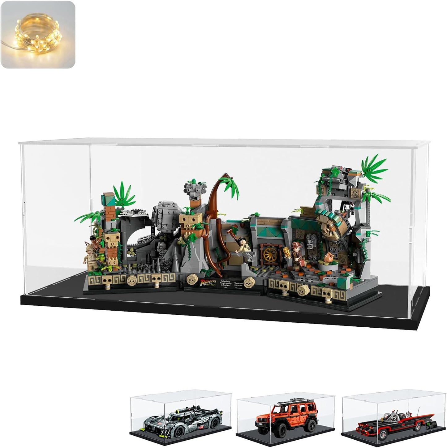Thickened Clear Acrylic Display Case for Lego 10330 43268 76450 42170 10295 10353 Collectibles, Transparent Box Dustproof Protection with Wood-Plastic Base & String Light, Black Inside 40x20x20cm