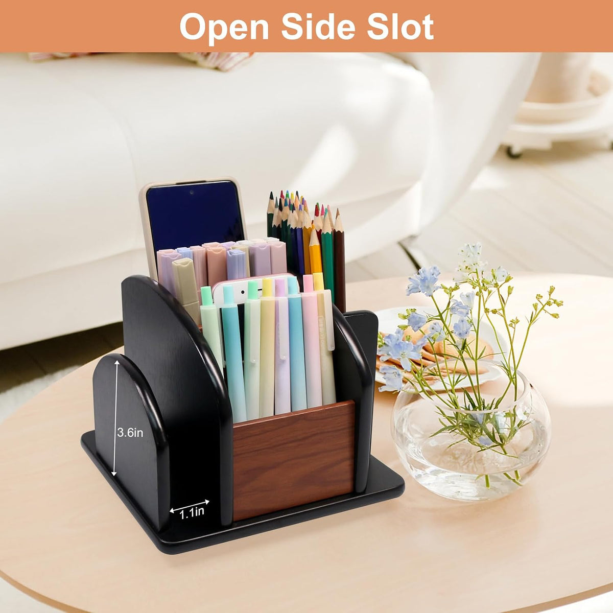 Coideal Large Remote Controls Holder, Rotating Wooden Caddy for Table, Spinning Office Supplies Desk Storage Organizer / Revolving Wood Pen Pencil Holder (6 Compartments, Brown & Black)