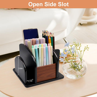 Coideal Large Remote Controls Holder, Rotating Wooden Caddy for Table, Spinning Office Supplies Desk Storage Organizer / Revolving Wood Pen Pencil Holder (6 Compartments, Brown & Black)