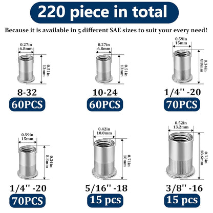 Vifmy Metric & SAE Rivet Nut Assortment Kit(420 Pcs),m3 m4 m5 m6 m8 m10 m12#6-32#8-32#10-24 1/4"-20 5/16"-18 3/8"-16 UNC Flat Head Rivnut Set,Zinc Plated Finish Carbon Steel Nutsert