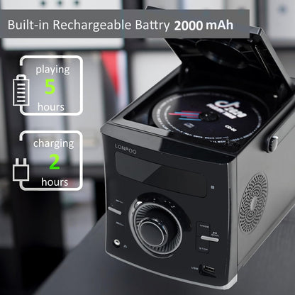 LONPOO Portable CD Player | Stereo Bluetooth Boombox | FM Radio Turn Knob | Auto Lid Open Button | Big LCD Display | Concealed Ports of USB/AUX/Earphone | Rear Power Protection Button (LP-D12)