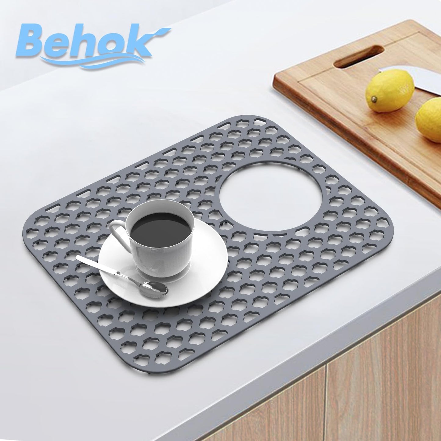 BEHOK 2 Pack Silicone Sink Protector for Kitchen Sink Bathroom Sink 13.58"x 11.6" Sink Mat, Non-Slip and Durable Silicone Sink Grid, Rear Drain (Gray)
