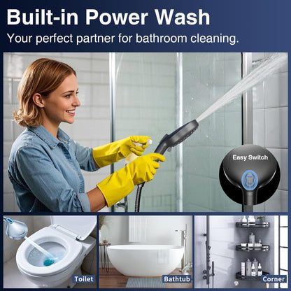 High Pressure 10-Mode Handheld Shower Head - Built in Power Wash for Clean, Replaceable Filter Soften Hard Water Remove Chlorine, 60 Inches Hose, Overhead Bracket, Anti-Clog Nozzle (Chrome)