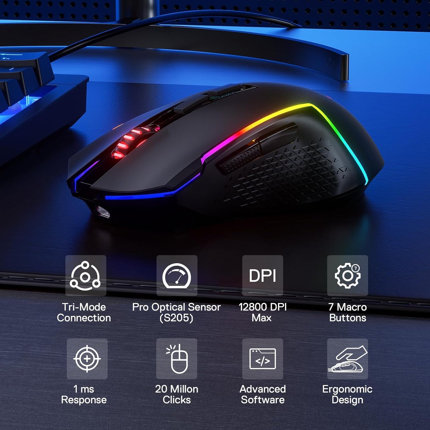 Redragon M693 Wireless Gaming Mouse, 8000 DPI Wired/Wireless Mouse w/ 3-Mode Connection, BT & 2.4G Wireless, 7 Macro Buttons, Durable Power Capacity for PC/Mac/Laptop
