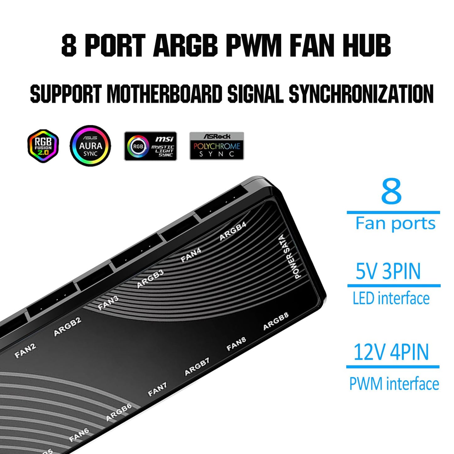ARGB PWM Fan Hub, Addressable 5V-3PIN ARGB 12V 4PIN PWM 2-in-1 RGB Case Fan Hub SATA Power Input, 9 Fan Port and 9 LED Port, PC Fan hub Support 9 Computer ARGB PWM Fans Splitter
