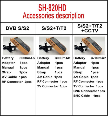 3.5 Inch Combo Satfinder SATHERO SH-820HD Satellite Finder Meter.265 HEVC,DVB-S/S2/T/T2/C/CCTV HD Digital Signal Meter(S2 T2 CCTV)