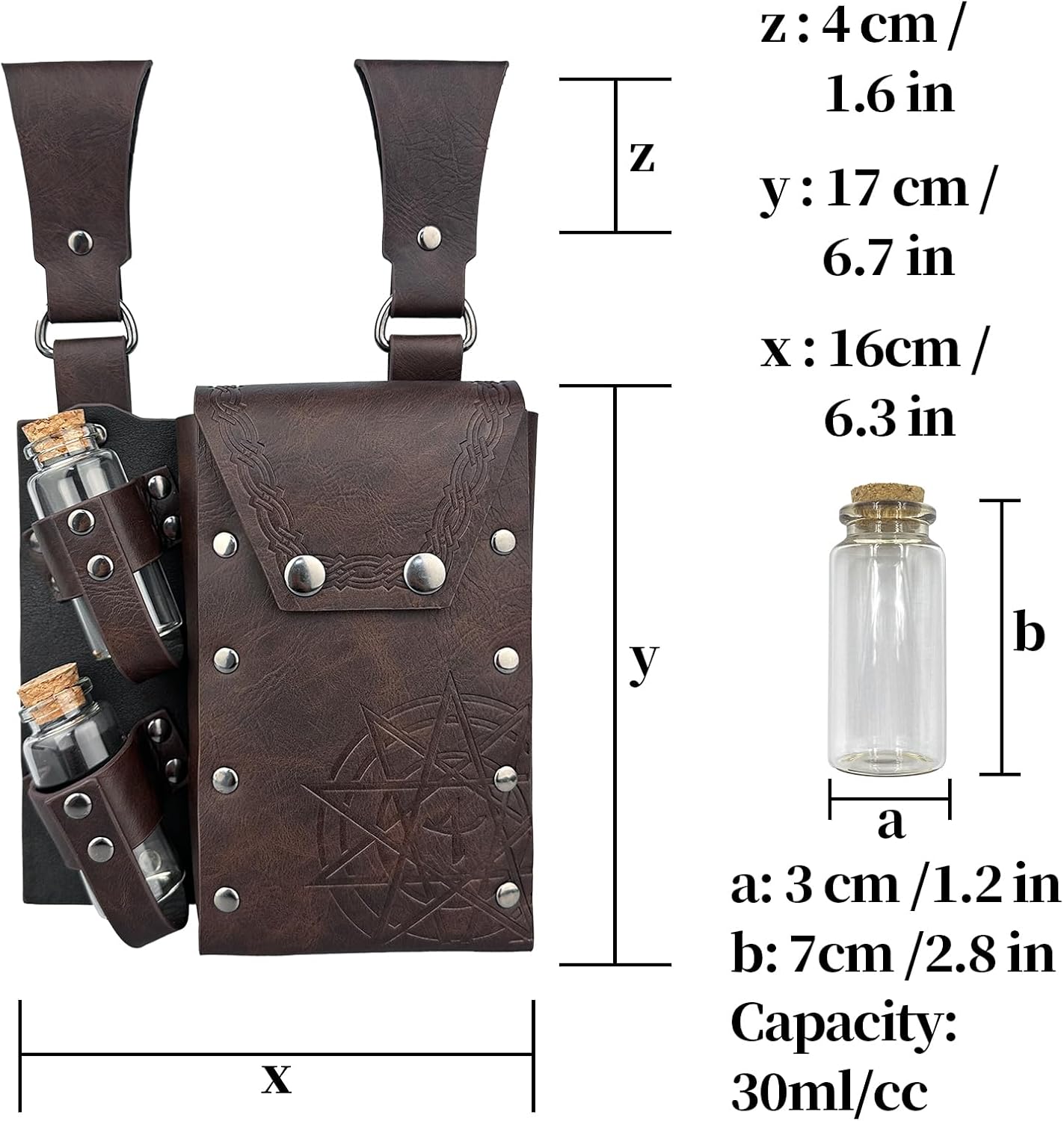 HiiFeuer Medieval Alchemy Faux Leather Belt Bag with 4 Cork Potion Vials,Fantasy Wizard Waist Pouch Side Pack for Halloween