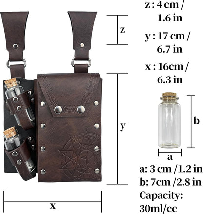 HiiFeuer Medieval Alchemy Faux Leather Belt Bag with 4 Cork Potion Vials,Fantasy Wizard Waist Pouch Side Pack for Halloween