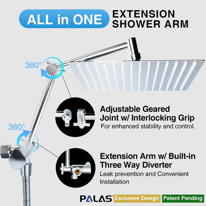 PALAS Rainfall Shower Head/Handheld Showerheads Combo, High Pressure Shower Head with Filter, Reinforced 60" Hose/Holder,Extension Arm Height/Angle Adjustable, Anti-Clog Nozzle (Chrome-8 Inches)