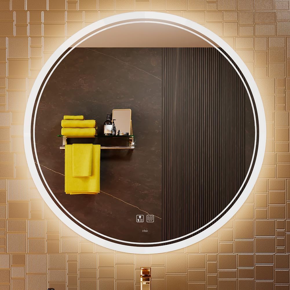 KWW Round Mirror Bathroom LED Lighted Mirror, Illuminated Dimmable Anti-Fog Wall-Mounted Makeup Vanity Mirror with Lights (24L x 24W inches)