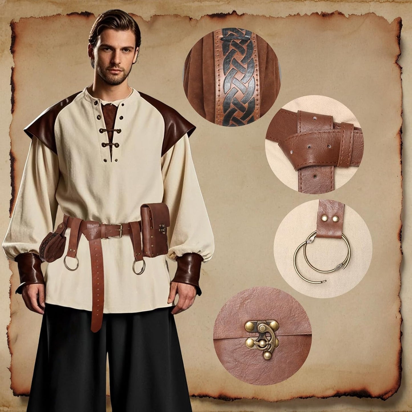 Renaissance Belt Pouch Medieval Viking Pirate Leather Bag Potion Bottle Set Skirt Hike Halloween Cosplay Costume Accessorie (Brown, Belt Pouch)