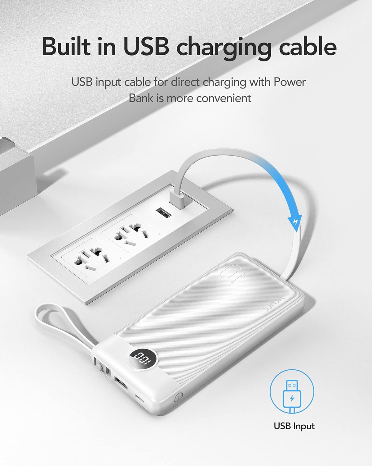VRURC 10000mAh Power Bank Built-in Cables, Portable Charger with LED Display, Slim Intelligent Travel Battery Pack with Cords, 5 Output Dual Input Phone Charger for Cell Phone Smart Devcies-Blue
