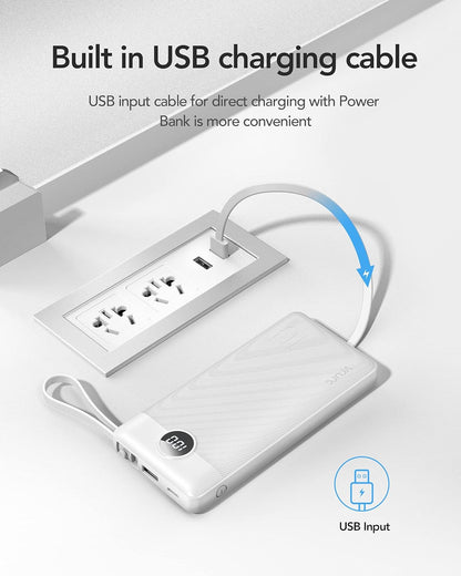 VRURC 10000mAh Power Bank Built-in Cables, Portable Charger with LED Display, Slim Intelligent Travel Battery Pack with Cords, 5 Output Dual Input Phone Charger for Cell Phone Smart Devcies-Blue