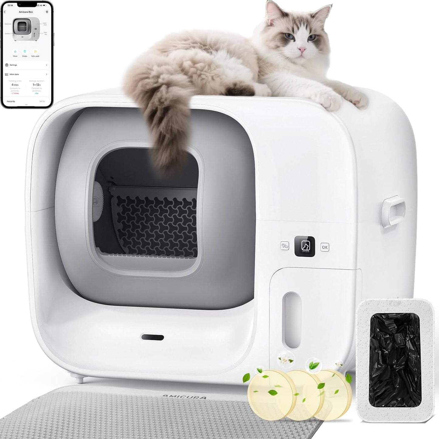 Amicura Automatic Cat Litter Box, Self Cleaning, 360-Degree Detection Smart Anti-Pinch, App Control, Odor-Proof, 65L Extra Large Open-top Cat Litter Box, Ultra Quiet Cat Toilet