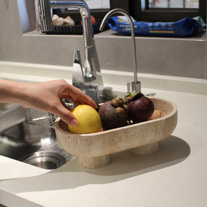 Oval Travertine Fruit Bowl | Decorative Stone Bowl | Kitchen Counter Fruit Holder | Pedestal Centerpiece Bowl | Home Décor Storage Bowl - PuriLite