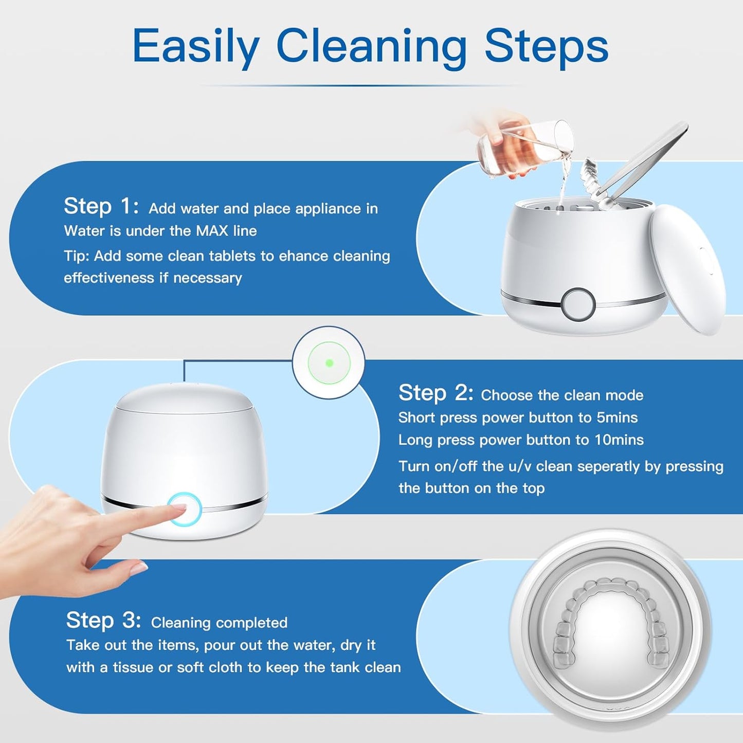 Midomi 45kHz Retainer Denture Cleaner Machine, Upgraded Jewelry Cleaner, 5min and 10min Timer with Rechargable Top Cover, 200ml Dental Cleaning Pod, MouthGuard Cleaner for Aligner NightGuard