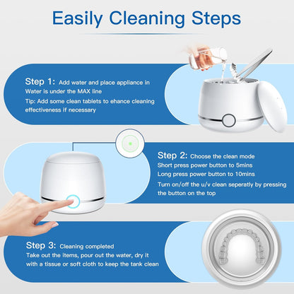 Midomi 45kHz Retainer Denture Cleaner Machine, Upgraded Jewelry Cleaner, 5min and 10min Timer with Rechargable Top Cover, 200ml Dental Cleaning Pod, MouthGuard Cleaner for Aligner NightGuard