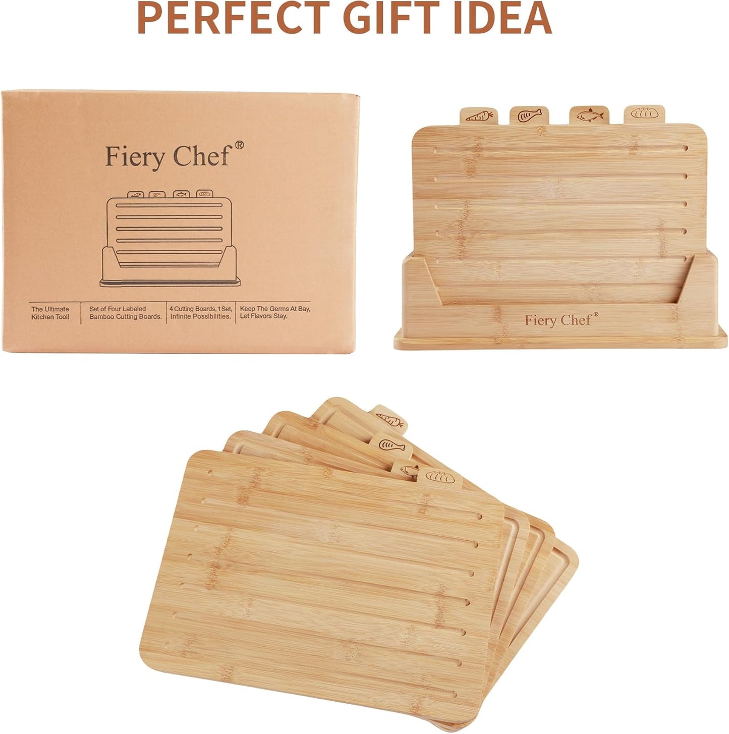 Fiery Chef Bamboo Cutting Board Set of 4 with Holder – Double-Sided Wood Chopping Boards with Food Icons & Juice Groove – For Meat, Fish, Bread, Vegetables & Fruit (12.6" x 9") - PuriLite