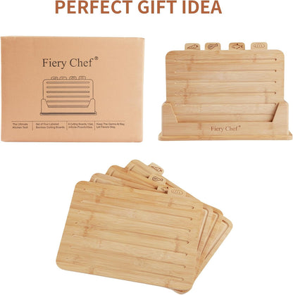 Fiery Chef Bamboo Cutting Board Set of 4 with Holder – Double-Sided Wood Chopping Boards with Food Icons & Juice Groove – For Meat, Fish, Bread, Vegetables & Fruit (12.6" x 9") - PuriLite