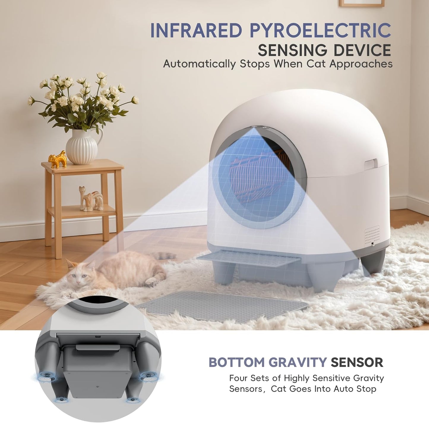 GUNJI Self Cleaning Litter Box, 90L Automatic Cat Litter Box for Multiple Cats, App Control-No Scoop, Large Kitty Box with Safety Protection, Includes Mat, 1 Garbage Bags (Gray)